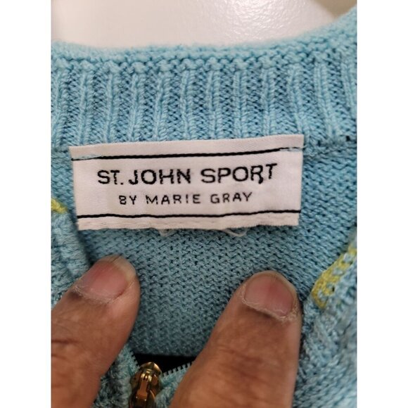 Vintage ST. JOHN SPORT Blue & Green Knit Hooded Cardigan Sweater With Pockets & - Picture 8 of 16